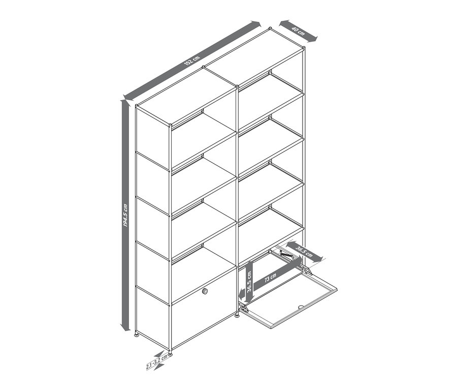 Nákres regálu CN3 se 2 výklopnými dvířky. Rozměry: výška 194,5 cm, šířka 152 cm, hloubka 40 cm. Jedna ze skříněk je otevřená.