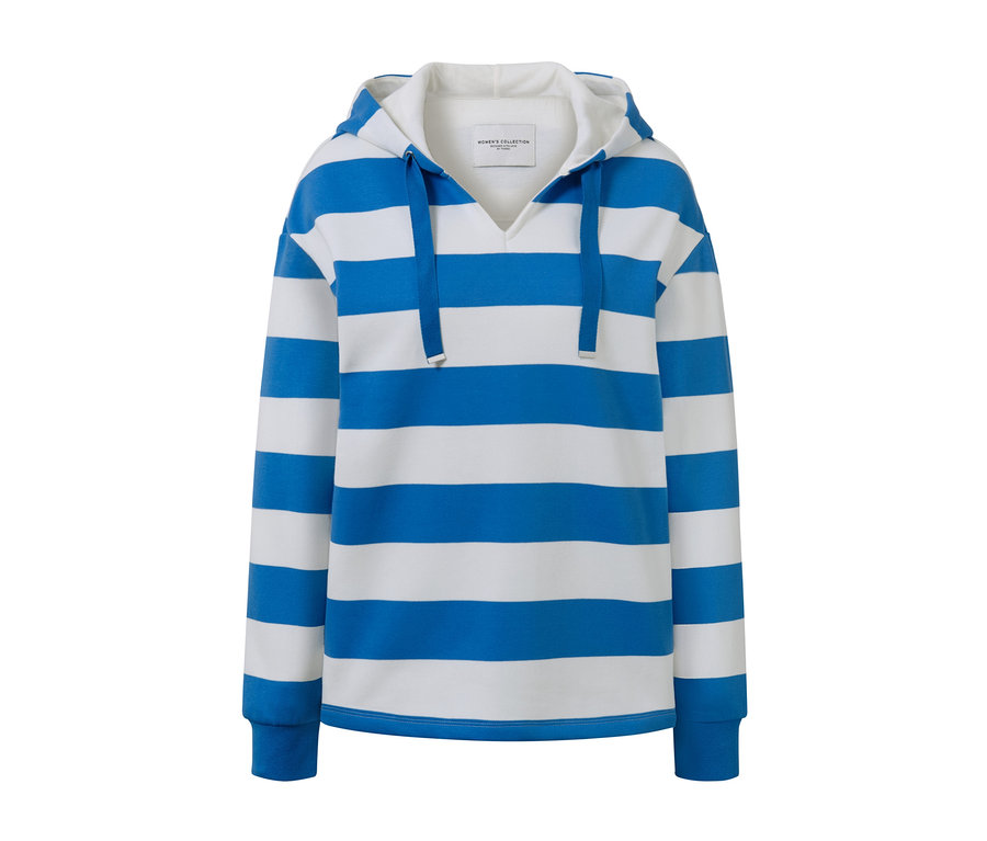 Pruhovaná mikina s kapucí v modré a bílé barvě.