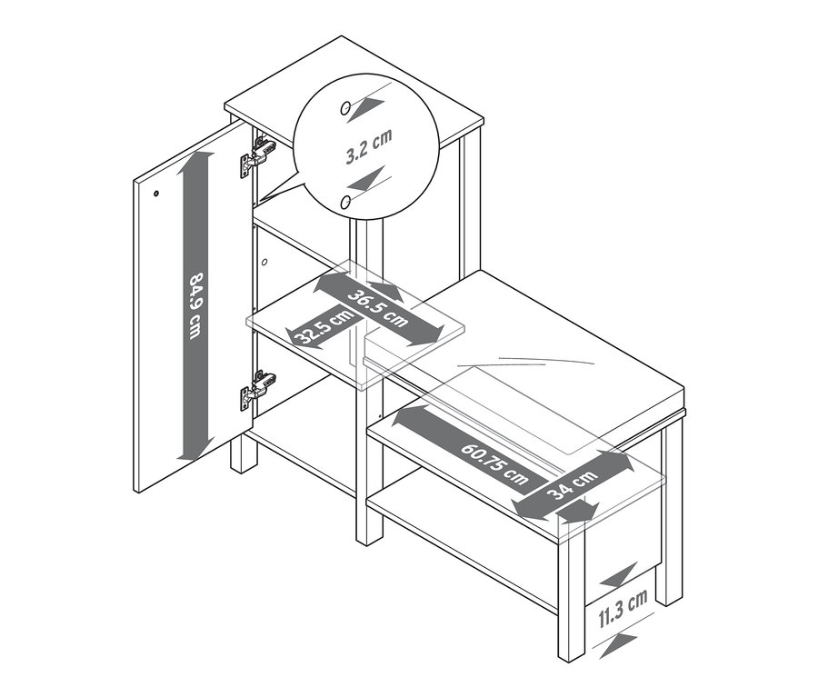 Ilustrace lavice s botníkem s vyznačenými rozměry.