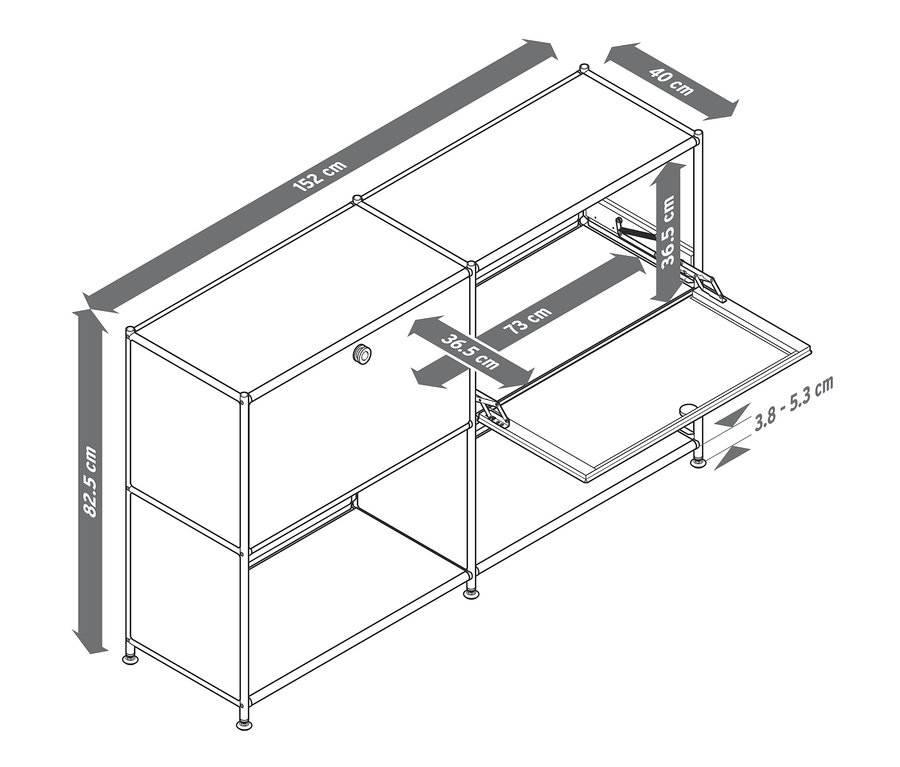 Nákres kovové odkládací skříňky »CN3« se 2 přemístitelnými výklopnými dvířky a rozměry.