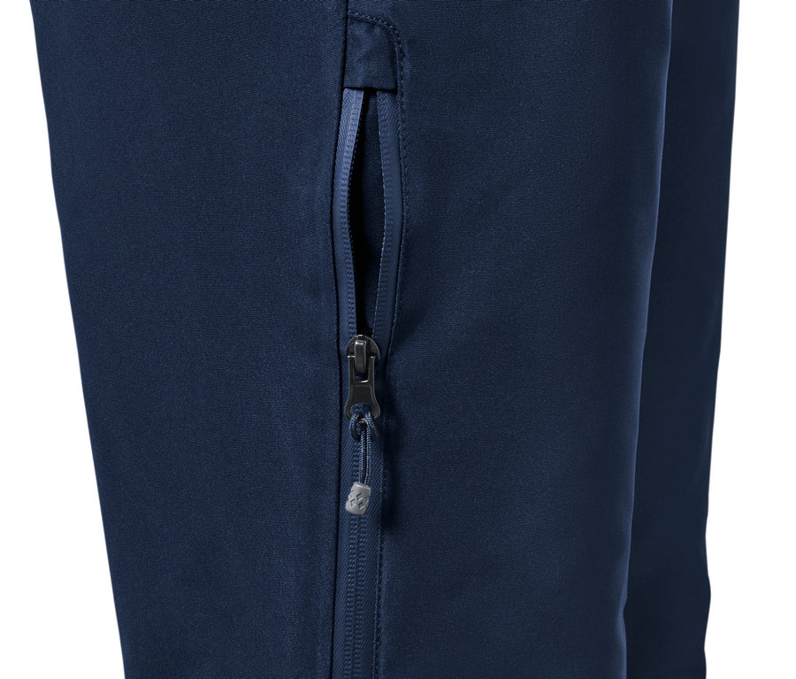 Detail modrých lyžařských kalhot se zipem.