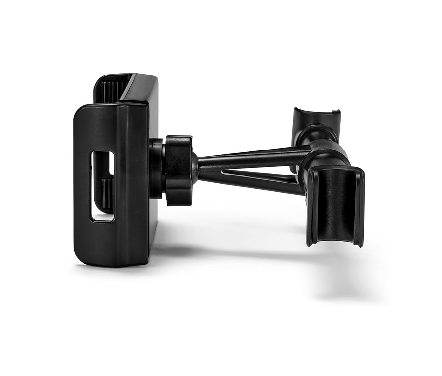 Detailní záběr černého držáku tabletu do auta.