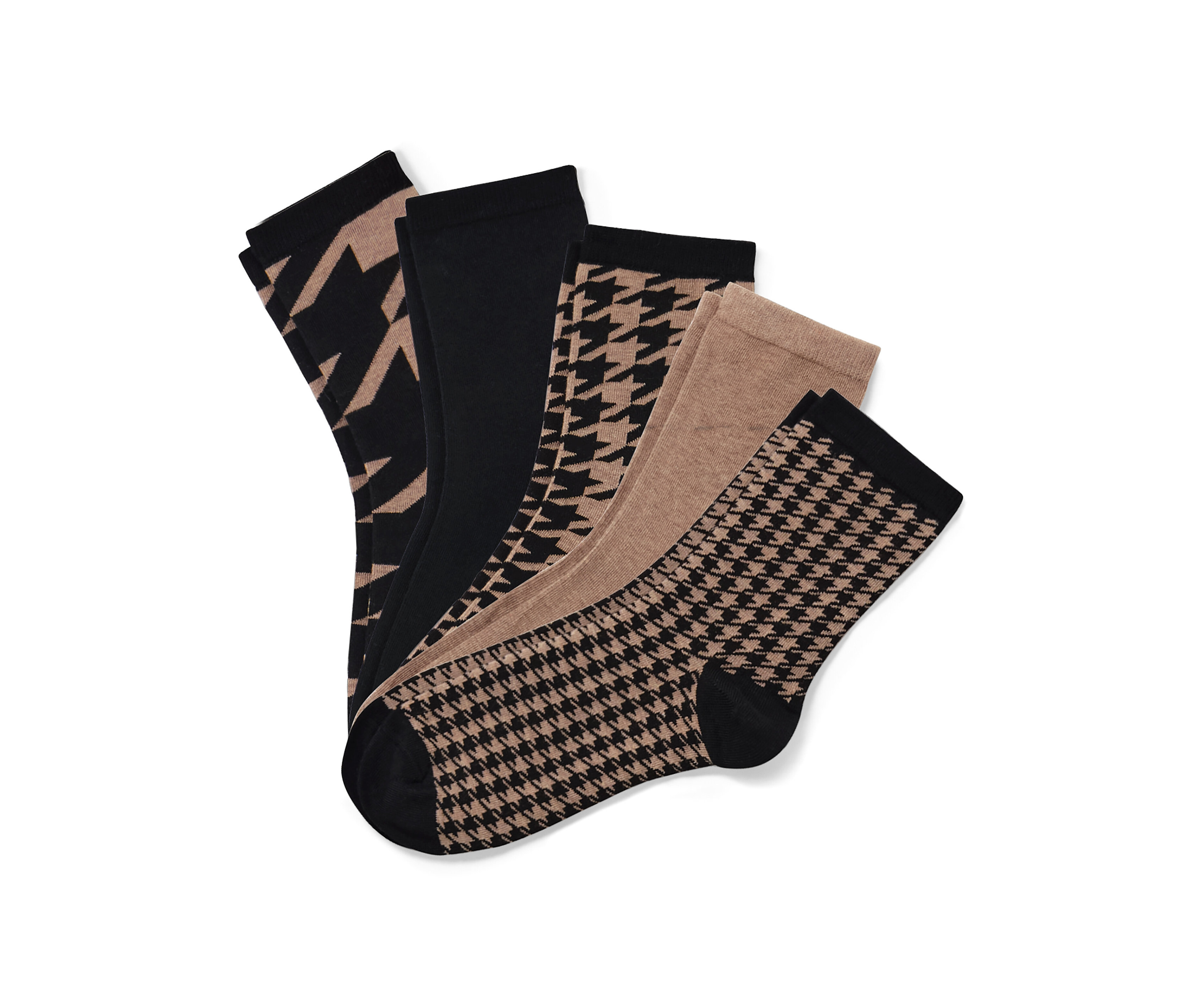 Pět párů ponožek s různými vzory, včetně kohoutí stopy.