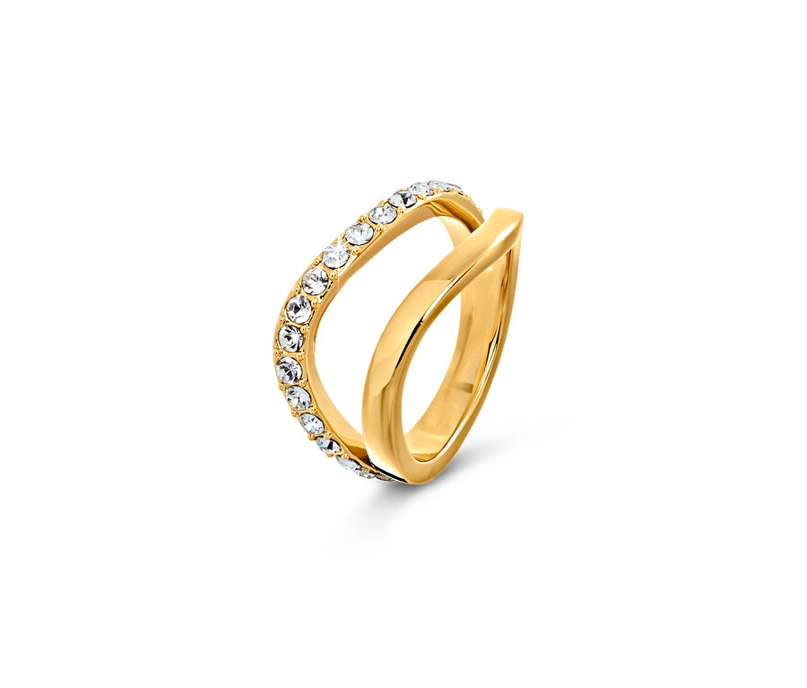 Zlatý prsten s dvojitou vlnou a kamínky.