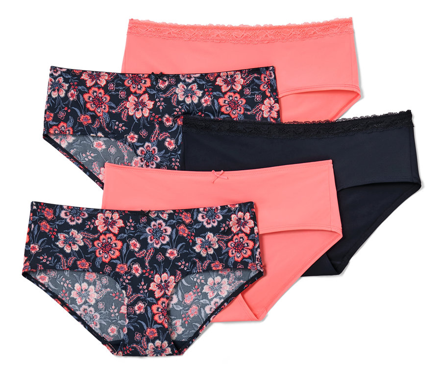 Pět párů modrých kalhotek.