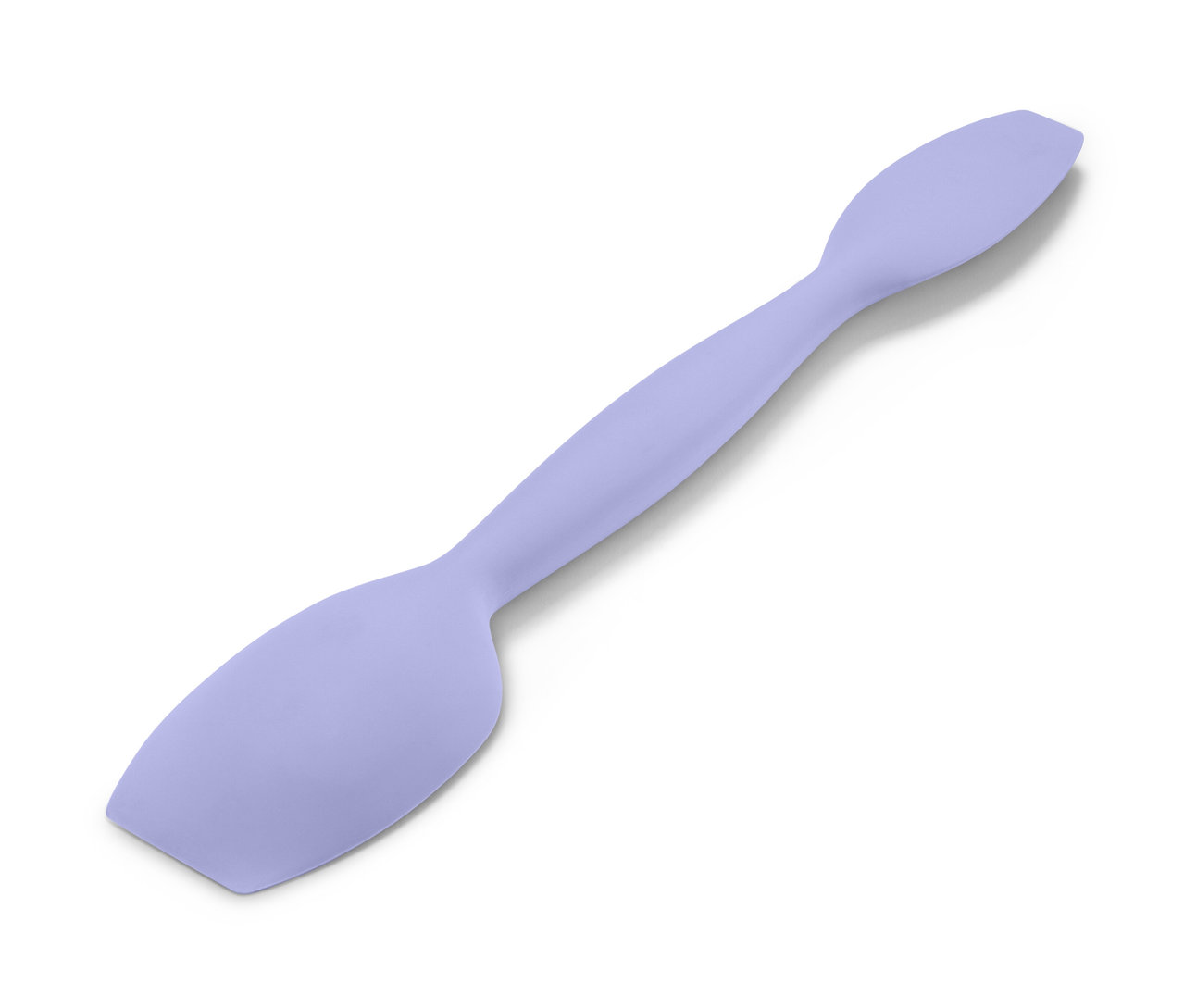 Fialová multifunkční lžíce na těsto leží na bílém pozadí.