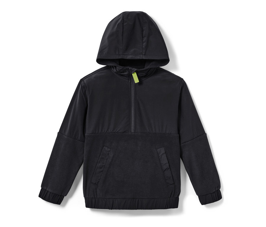 Černá dětská fleecová mikina s kapucí a klokaní kapsou.