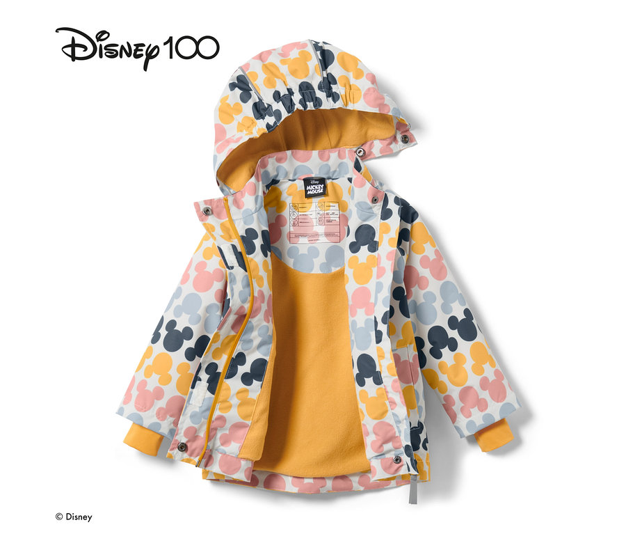 Rozepnutá dětská termo bunda do deště »Micky«, barevná, s kapucí a vzorem Mickey Mouse.