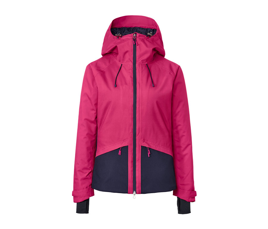 Růžovo-námořnická lyžařská bunda se zipem a kapucí.