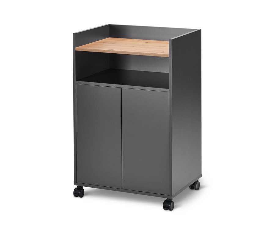 Šedý kuchyňský pracovní vozík s dřevěnou pracovní deskou a dvířky.