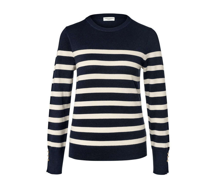 Tmavě modrý proužkovaný svetr z jemného úpletu.