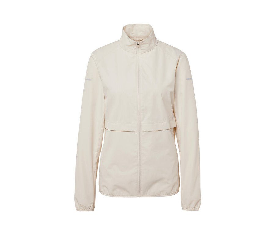 Krémová větruvzdorná běžecká bunda se zipem uprostřed.
