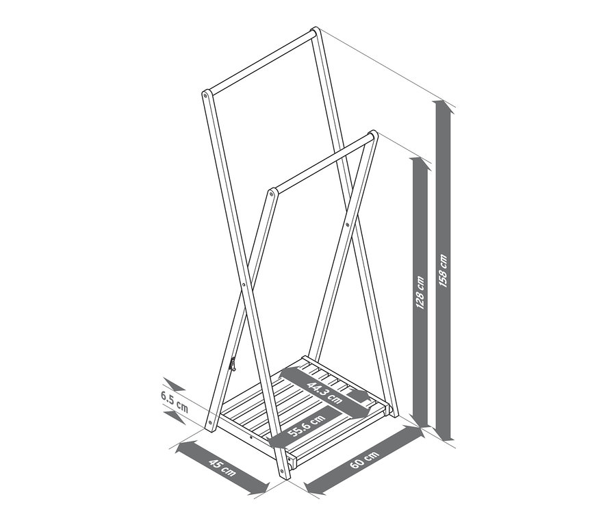 Nákres dřevěného věšáku na oblečení s rozměry.