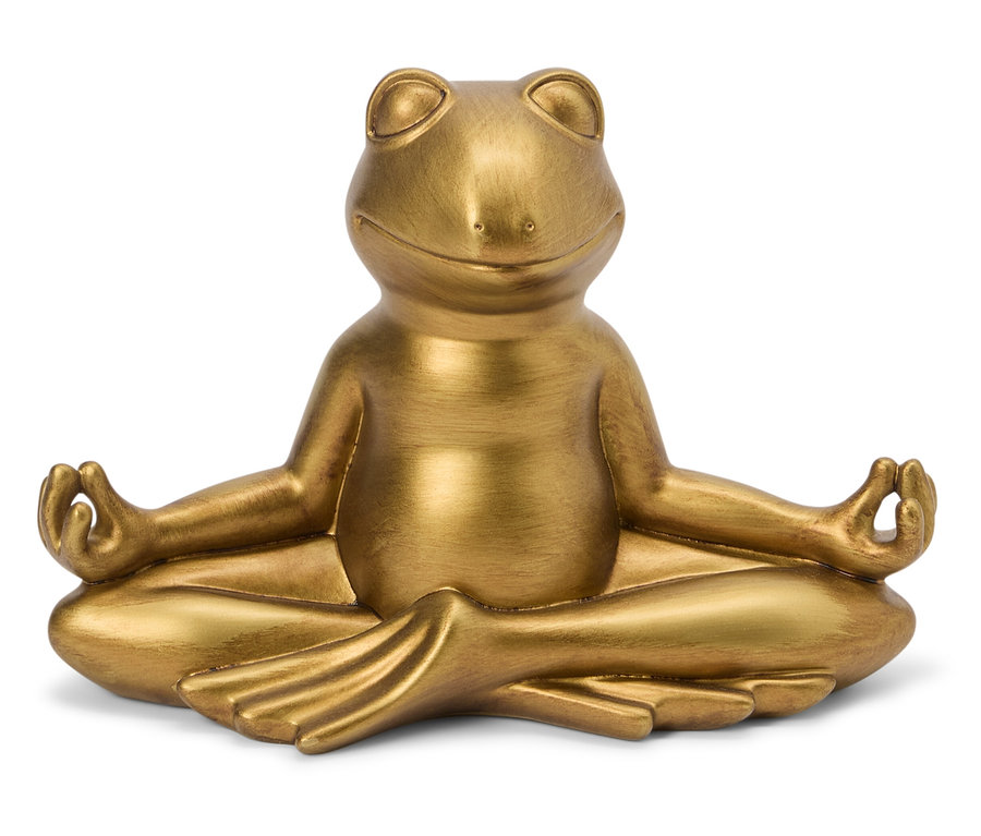 Zlatá soška žáby sedící v lotosové pozici.