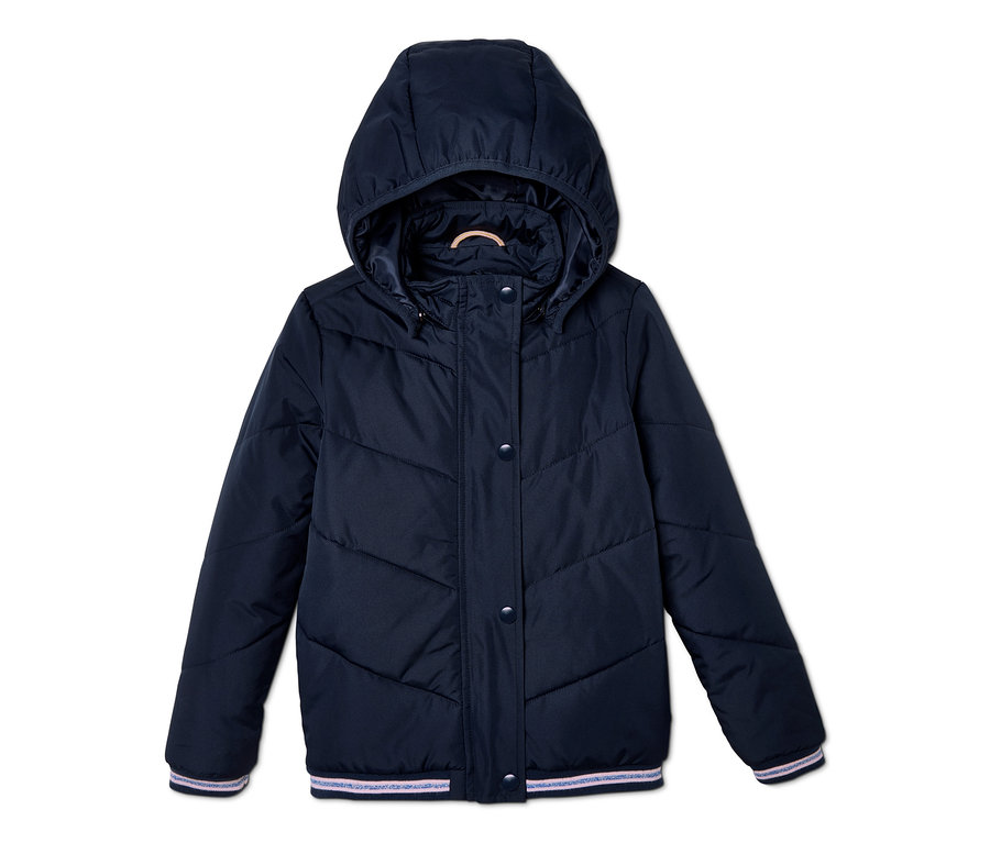 Tmavě modrá termobunda s kapucí.