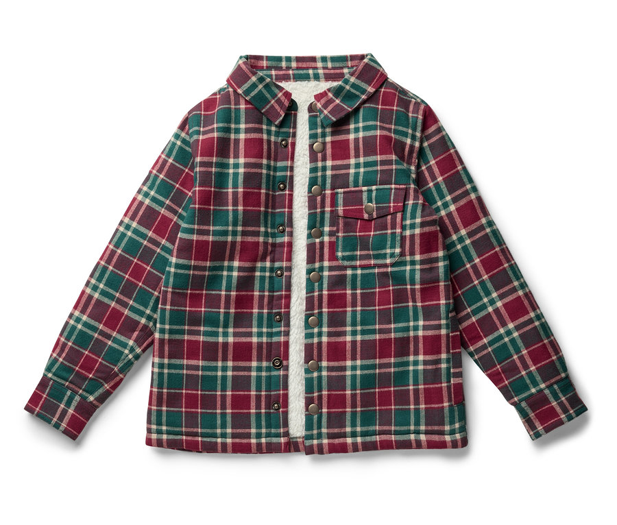 Rozložená košile s dlouhým rukávem s kostkovaným vzorem v zelené, červené a béžové barvě.