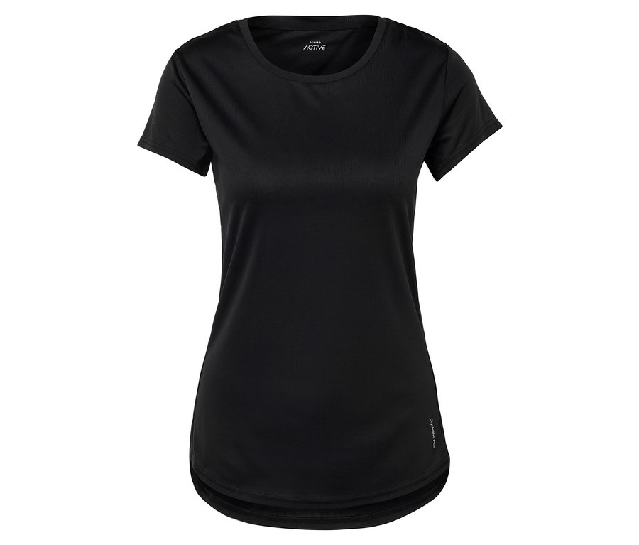 Černé sportovní tričko s krátkým rukávem na bílém pozadí.