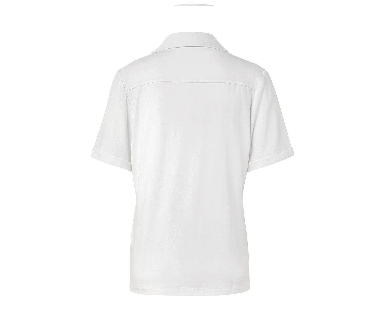 Zadní pohled na bílé halenkové tričko s knoflíkovou légou.