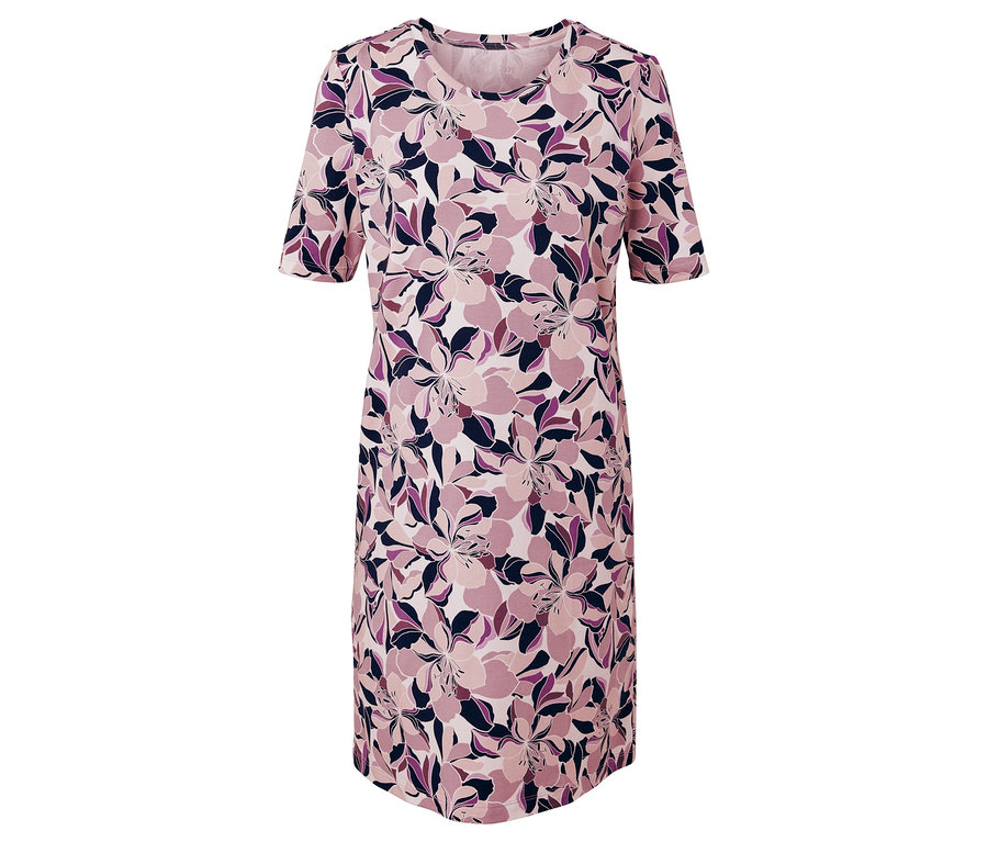 Růžové šaty s krátkým rukávem a květinovým vzorem.