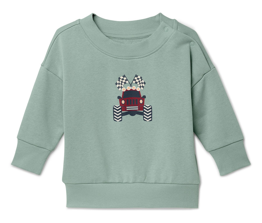 Zelená mikina s potiskem červeného džípu a šachovnicových vlajek.