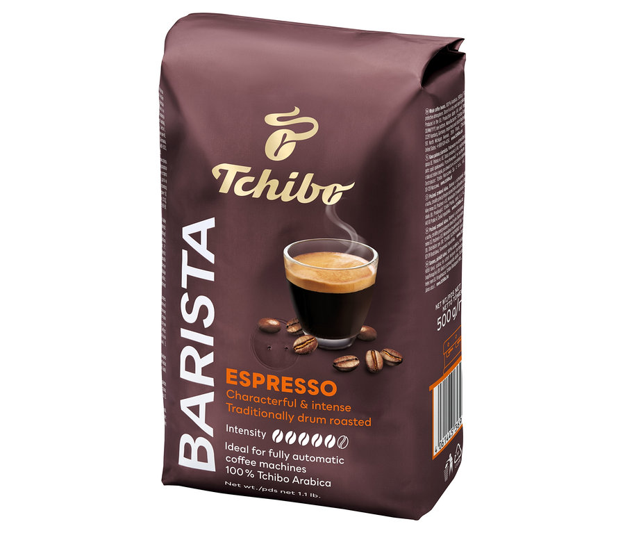 Balení 500 g zrnkové kávy Barista Espresso.