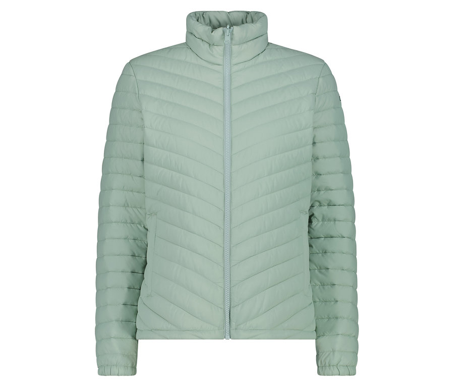Světle zelená prošívaná bunda se zipem uprostřed.