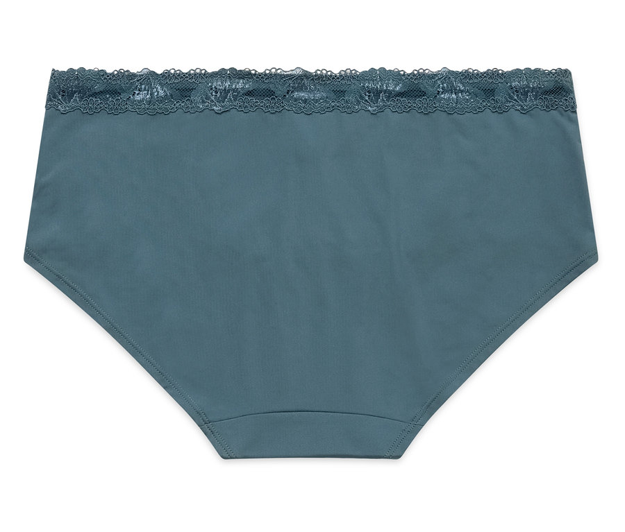 Modré dámské kalhotky s krajkovým pasem.