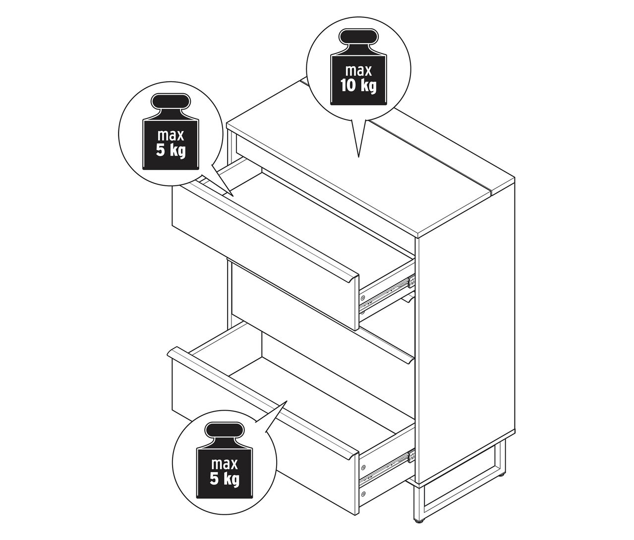 Ilustrace komody »LEEG« se 4 zásuvkami a zrcadlem, přičemž dvě zásuvky jsou otevřené, spolu s údaji o hmotnosti.