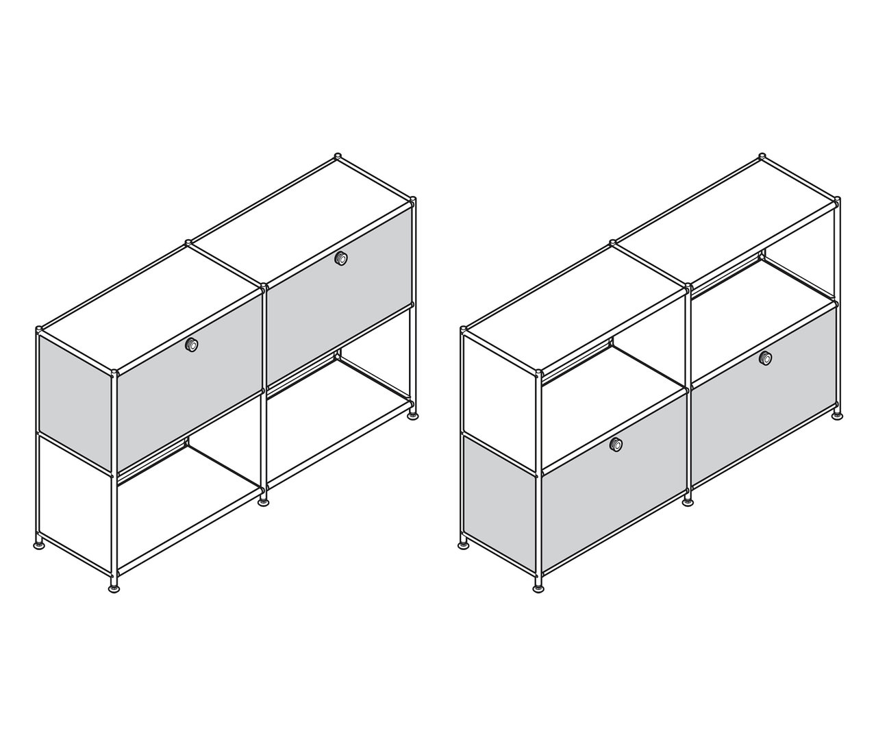 Dvě kovové odkládací skříňky »CN3« se 2 přemístitelnými výklopnými dvířky.