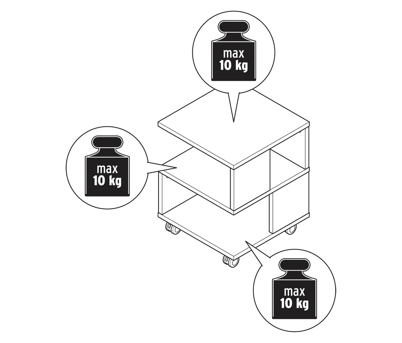 Ilustrace konferenčního stolku v dřevěném vzhledu na kolečkách s údaji o hmotnosti.