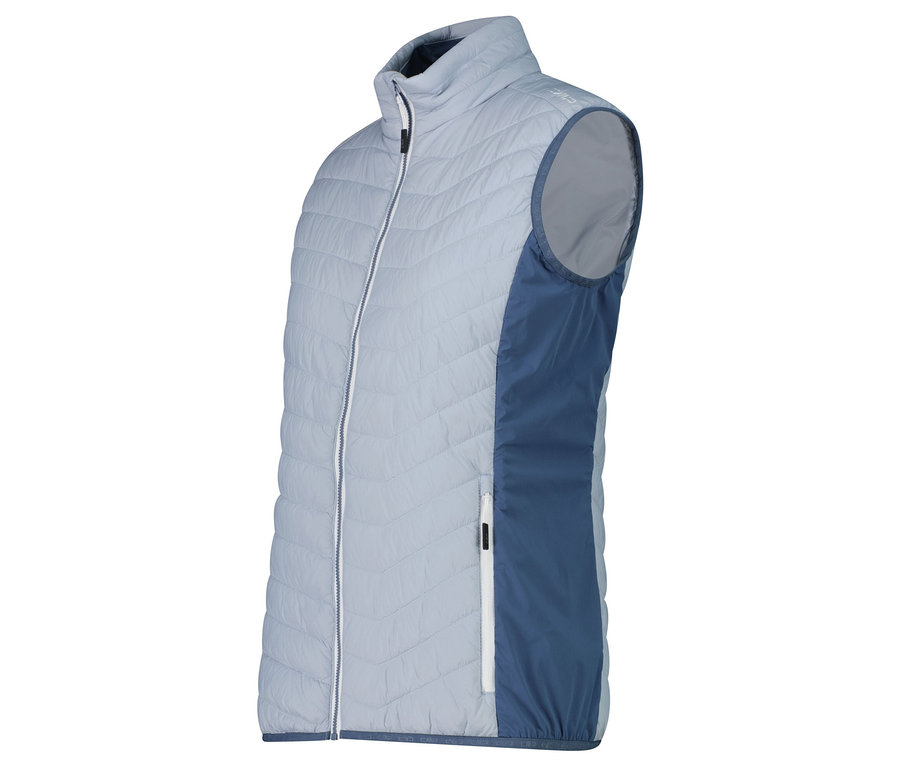 Světle modrá prošívaná vesta se zipem a tmavě modrými bočními panely.