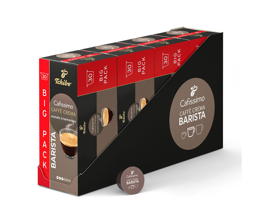 Několik balení kávových kapslí Tchibo Cafissimo Caffe Crema Barista v černém držáku.