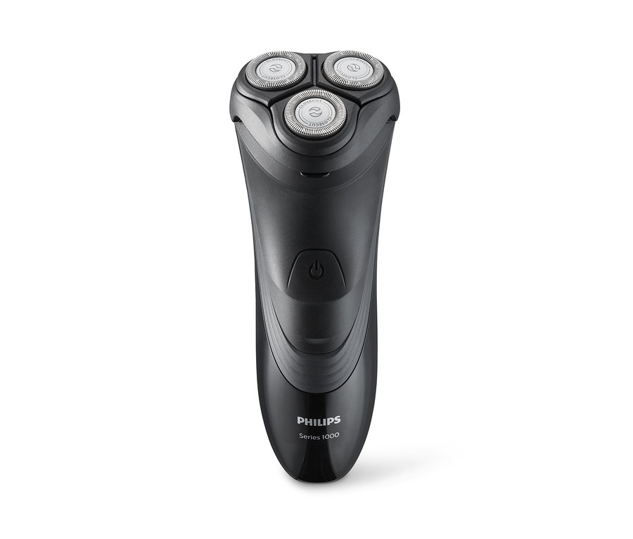 Černý holicí strojek Philips S1520/04 s třemi kruhovými břity.