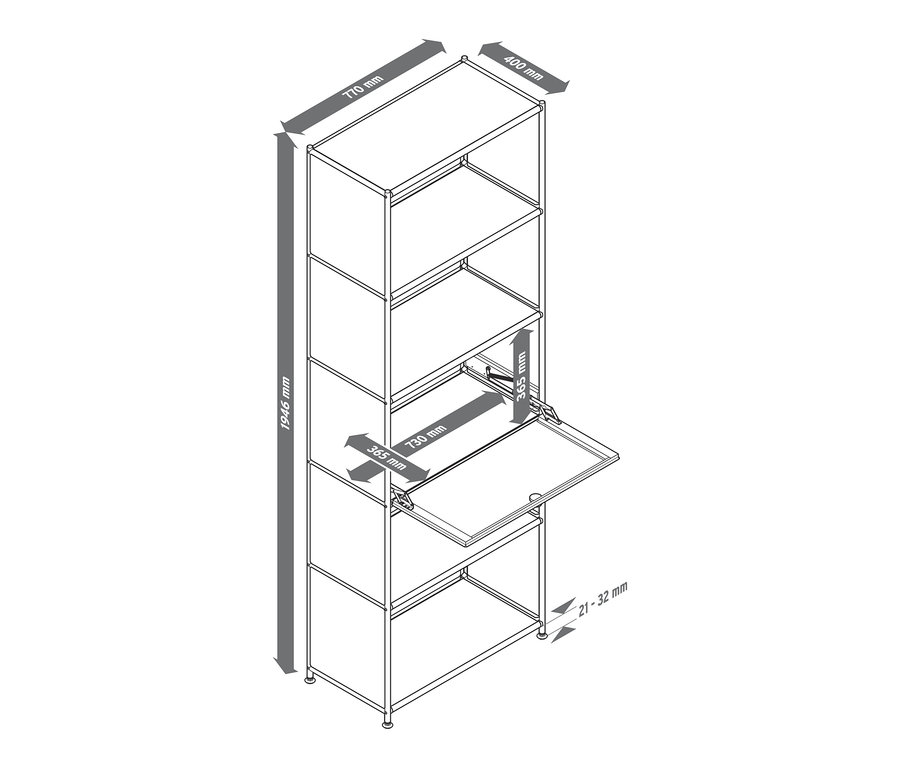 Nákres vysokého kovového regálu s výklopnými dvířky a rozměry.