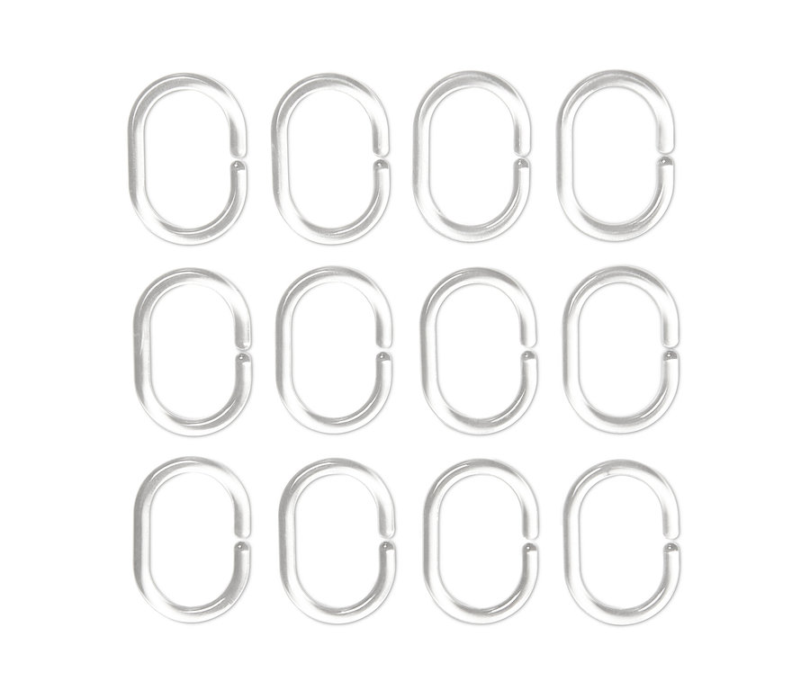 Dvanáct průhledných kroužků na sprchový závěs v uspořádaném vzoru.