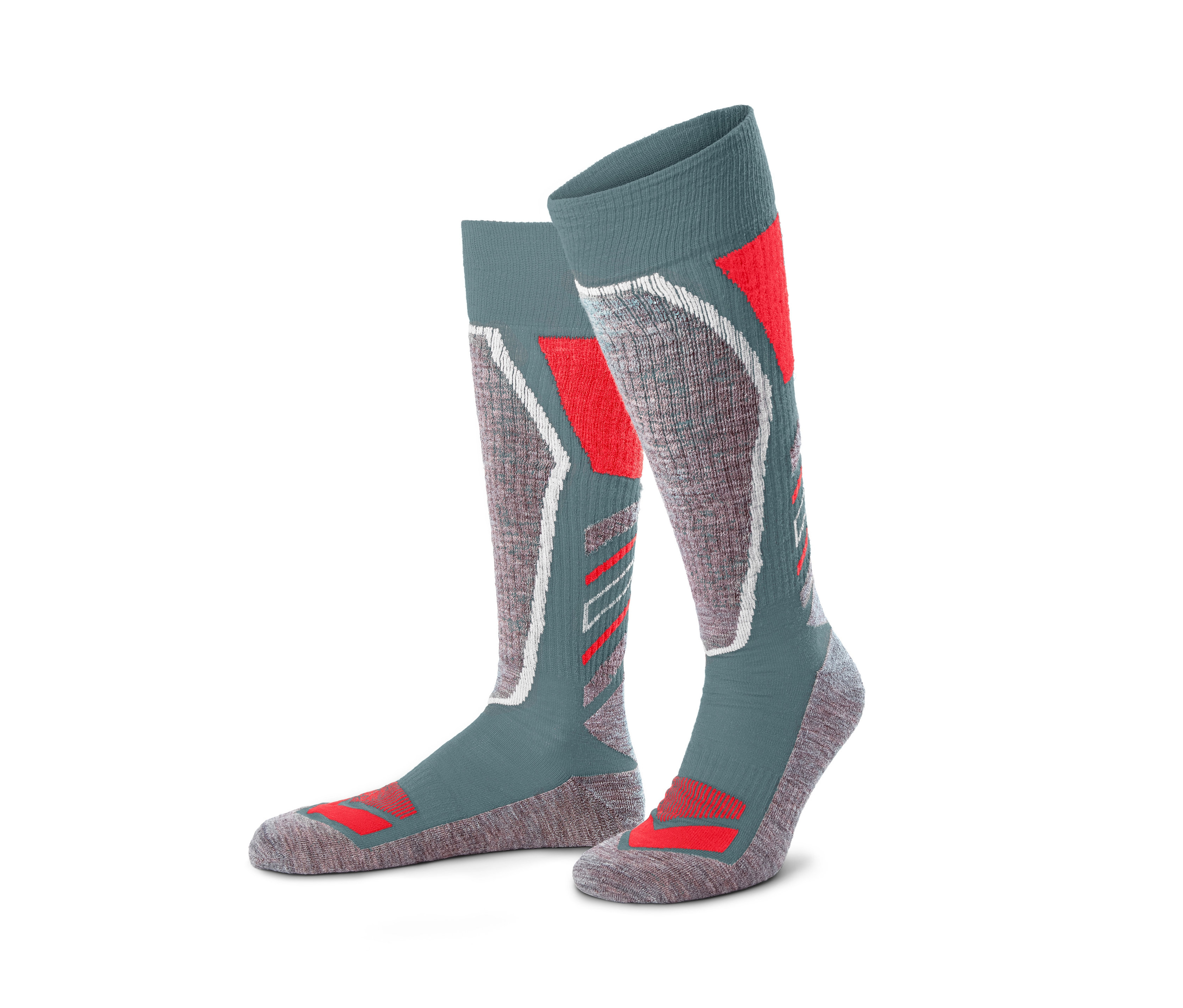 Dvojice lyžařských termopodkolenek s vlnou šedé barvy s červenými a bílými detaily.