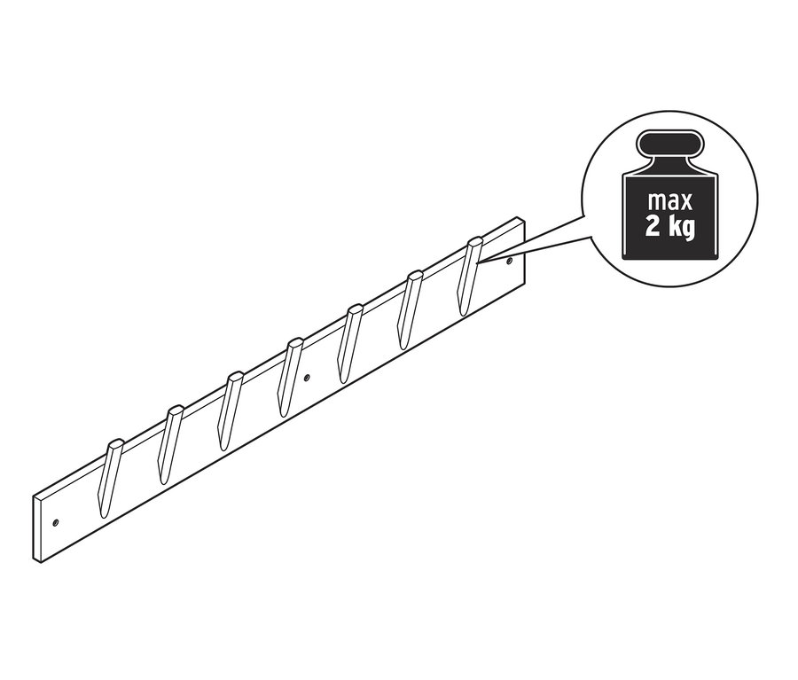 Nástěnný věšák s osmi háčky a ilustrací maximální nosnosti 2 kg.