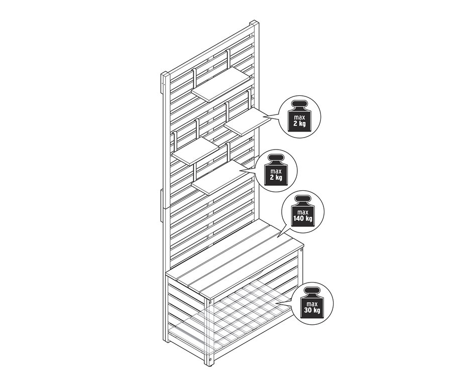 Náčrt balkónové zástěny proti zvědavým pohledům s úložným prostorem a policemi.