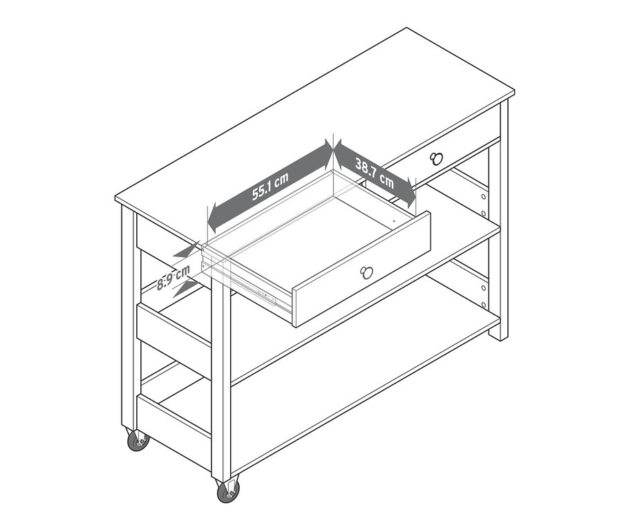 Nákres servírovacího vozíku s otevřeným šuplíkem a rozměry.