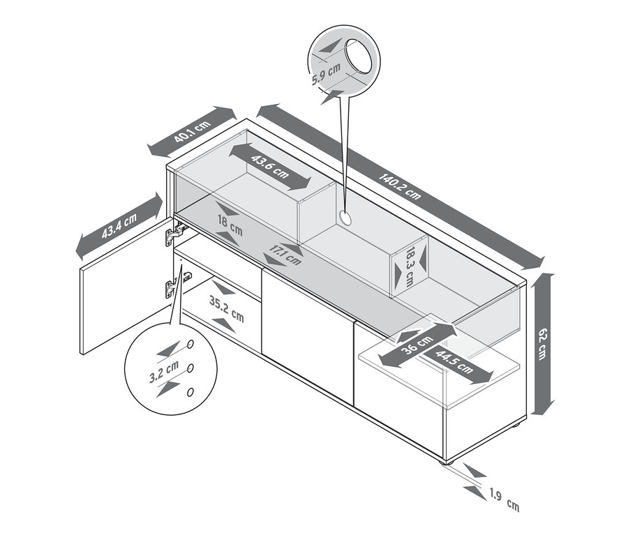 Schéma odkládací skříňky s detaily v dekoru dubového dřeva a vyznačenými rozměry.