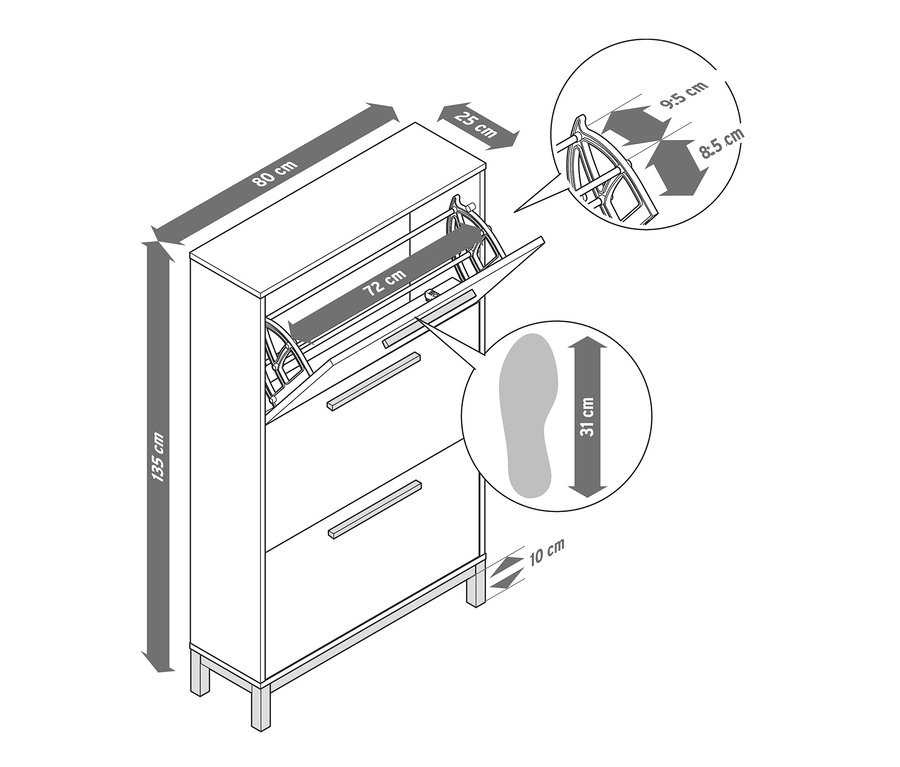 Ilustrace botníku »Eklund« se 3 výklopnými přihrádkami a rozměry.