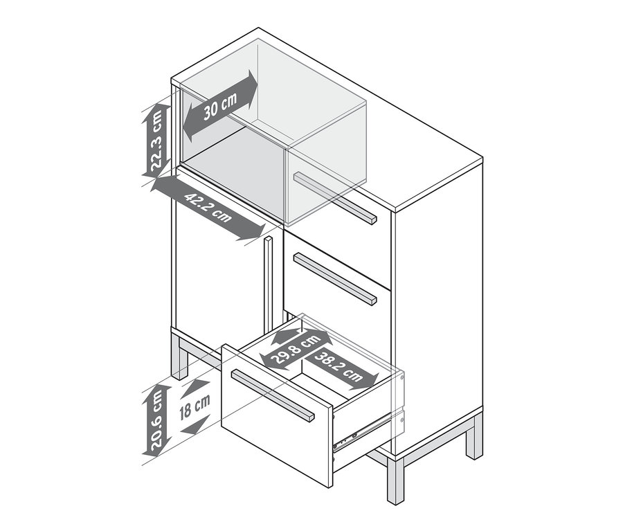 Rozměry koupelnové odkládací skříňky Eklund v antracitové barvě.