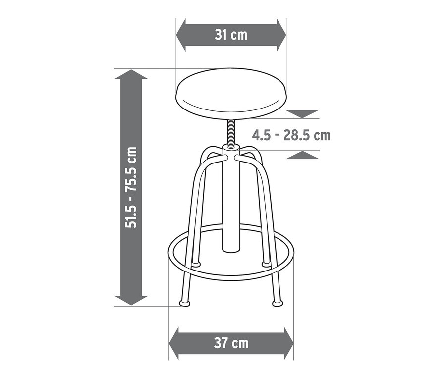 Ilustrace barové židle s nastavitelnou výškou a rozměry.