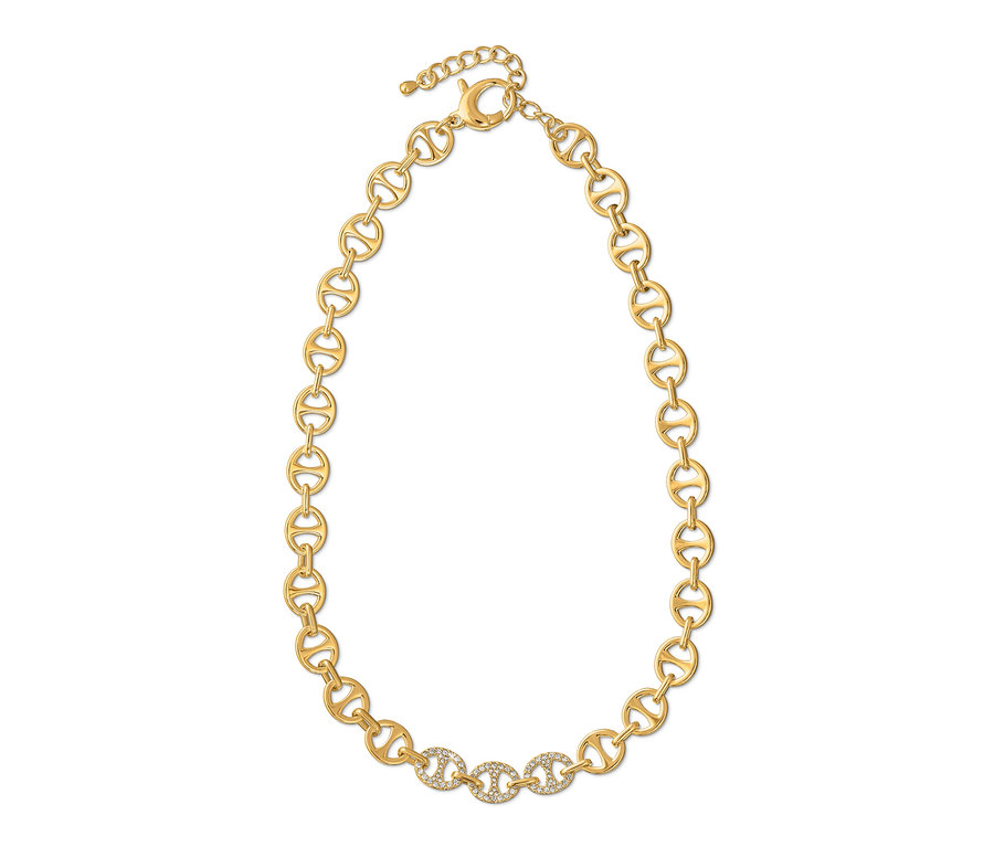 Zlatý řetízek se skleněnými kamínky.