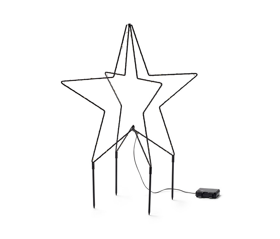 Černá venkovní kovová hvězda s LED světly na bílém pozadí.
