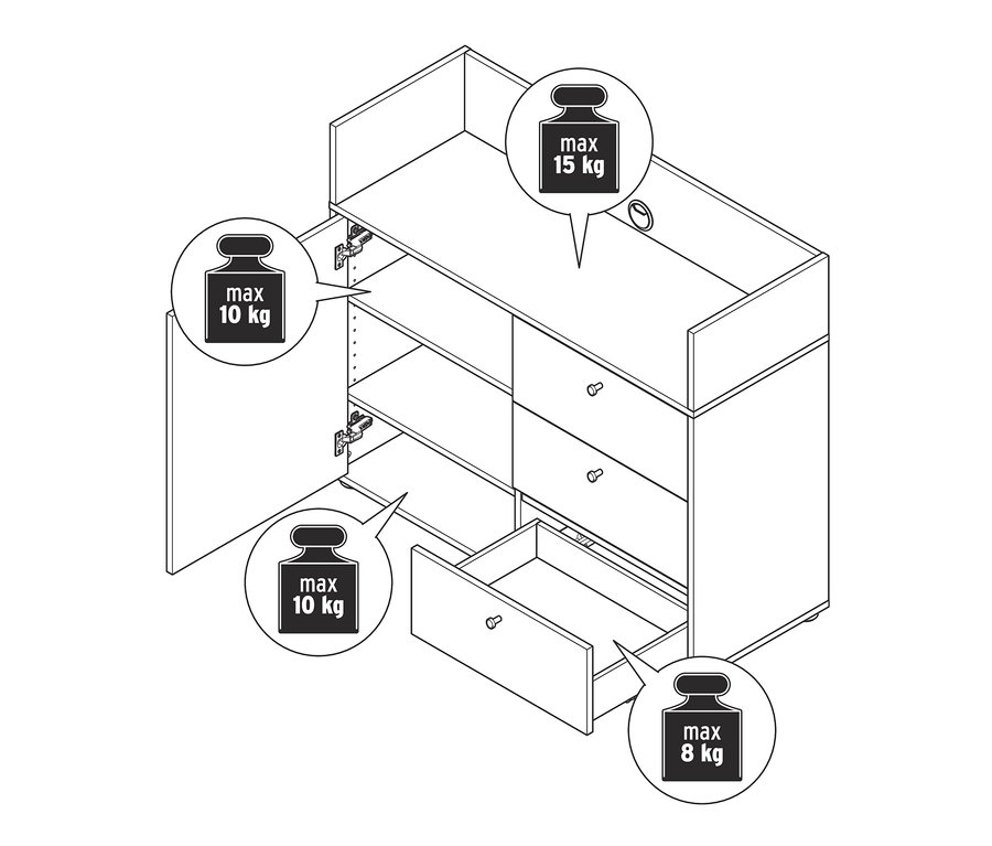 Ilustrace komody se zásuvkami a dvířky s otevřenou horní skříňkou a zásuvkou.