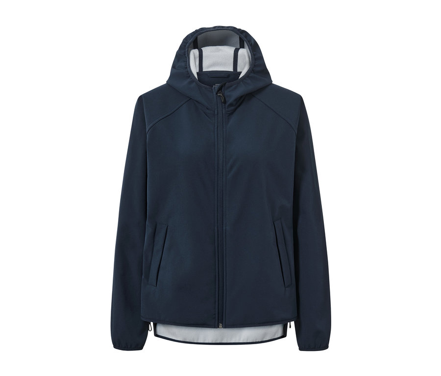 Tmavě modrá softshellová bunda s kapucí a zipem uprostřed.