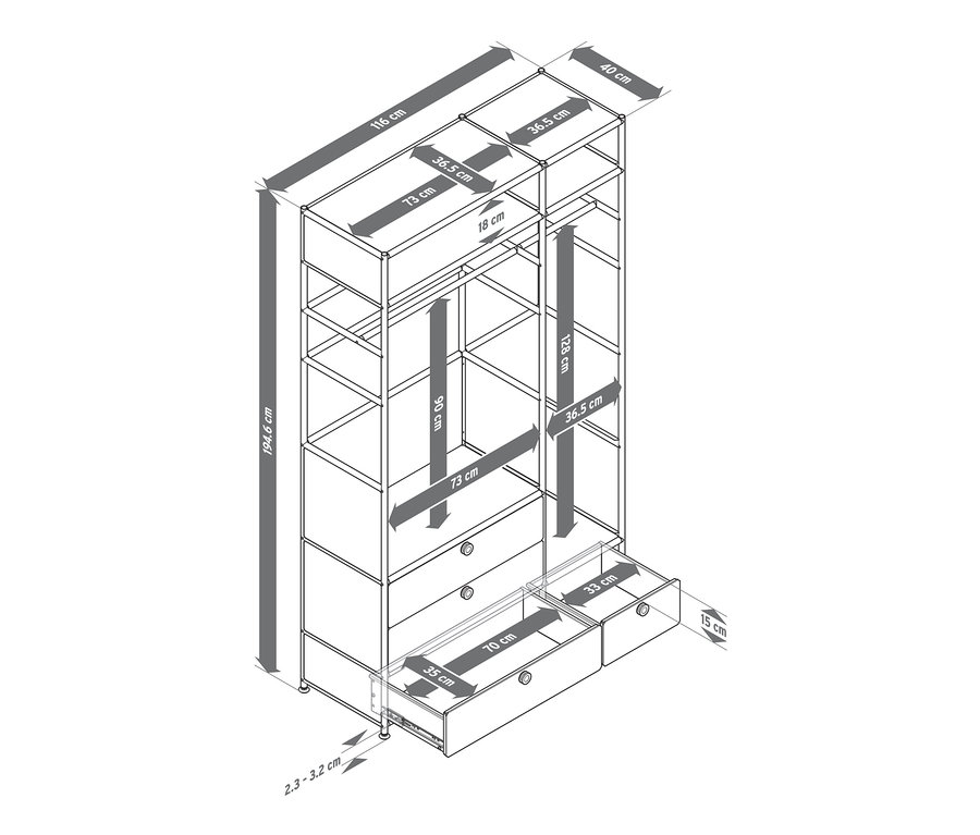 Nákres kovové skříně »CN3« se 2 šatními tyčemi a 4 zásuvkami s uvedenými rozměry.