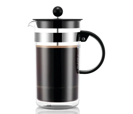 Skleněná konvička french press Bodum® o objemu 1 l s černým kávovým obsahem.
