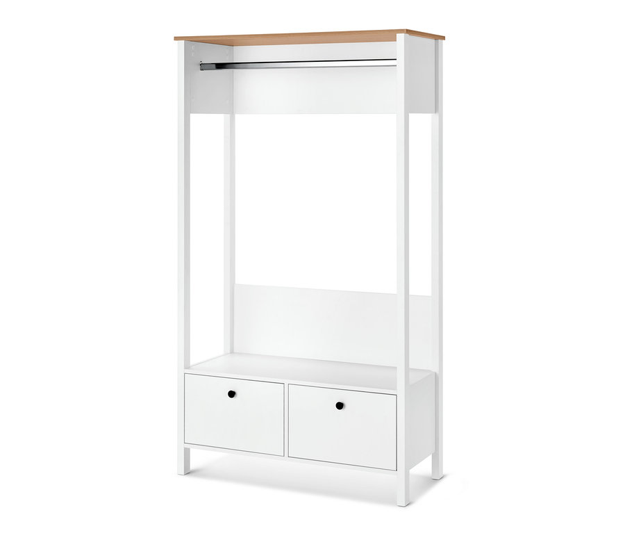 Bílá předsíňová stěna s velkými zásuvkami a dřevěnou horní deskou.